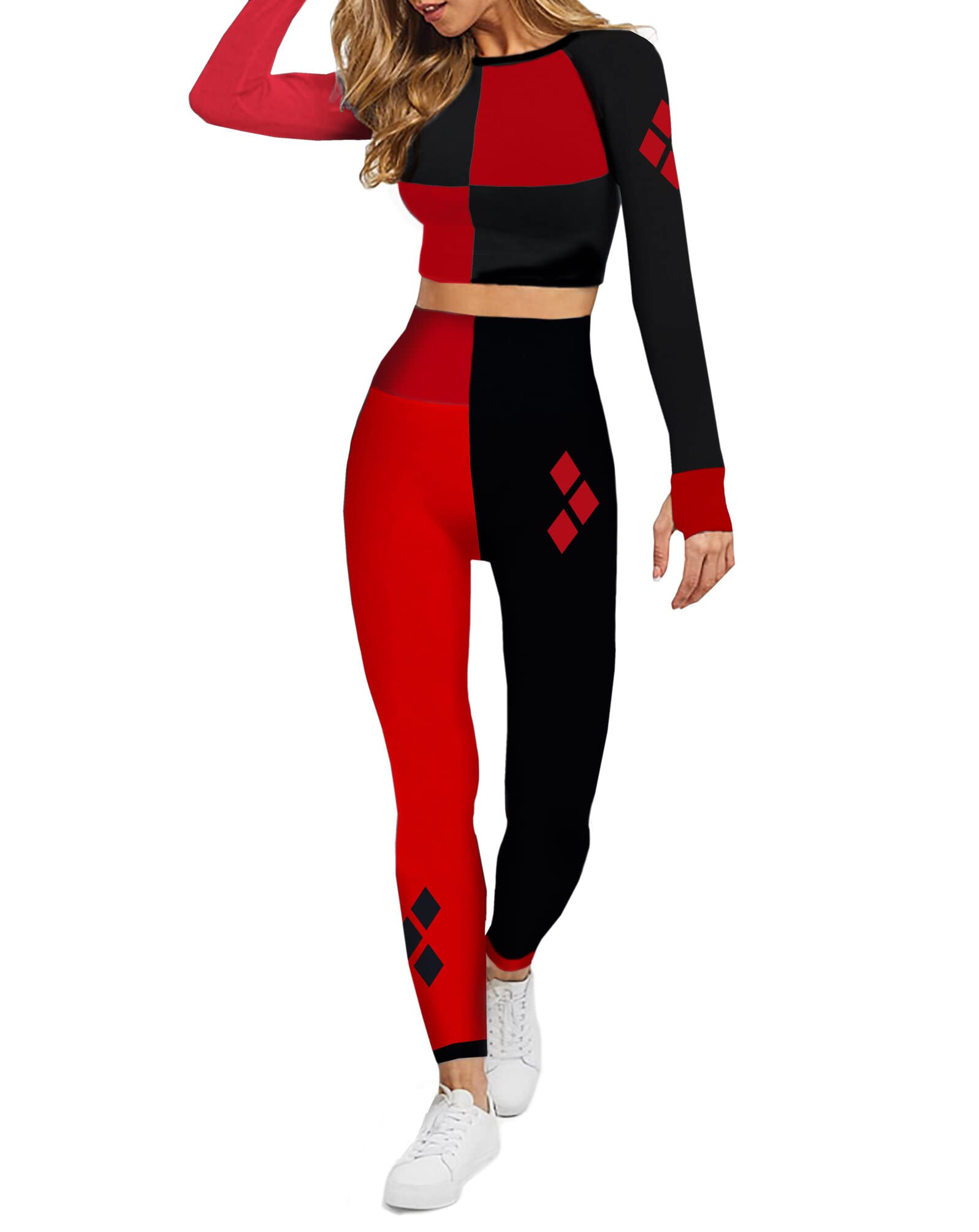 Harley Quinn Womens Cosplay Active Workout Outfits – Legging and Shirt 2PC Sets by MAXXIM Harley Quinn X-Small