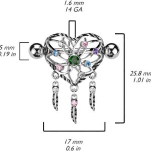 Covet Jewelry Heart Dream Catcher Shield Nipple Ring With Multi Color CZ & Surgical Steel Barbell