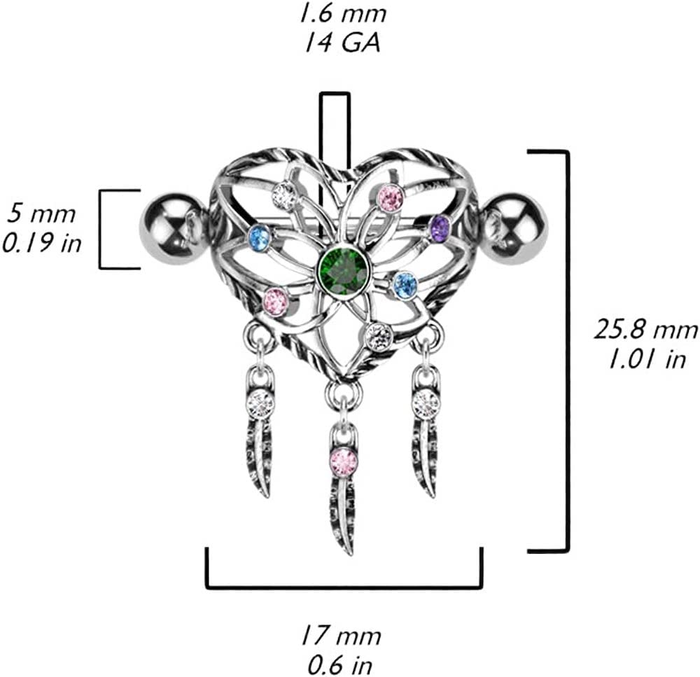 Covet Jewelry Heart Dream Catcher Shield Nipple Ring With Multi Color CZ & Surgical Steel Barbell