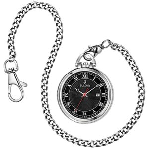 bulova classic pocket watch 3-hand date quartz stainless steel, black dial with detachable chain style: 96b308