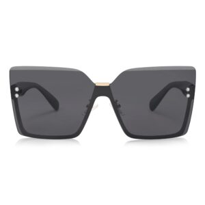 SOJOS Trendy Square Oversized Sunglasses Womens Big Rimless UV400 Ladies Shades SJ1160, All Black Lens/Black Temples