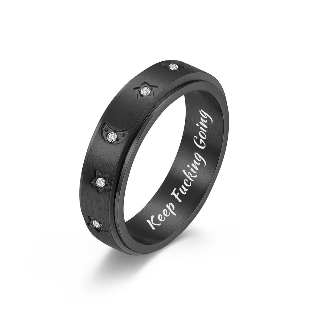 SSZYU Stars Moon Inlaid Zircon Stainless Steel Inspirational Ring for Women Men-Keep Fucking Going Graduation Mantra Inspirational Rotating Rings Band Spinner Ring Stars Moon Ring Black Size 7