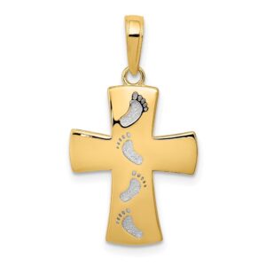 Diamond2Deal 14K Yellow Gold And White Rhodium Plated Footprints Religious Crucifix Cross Pendant