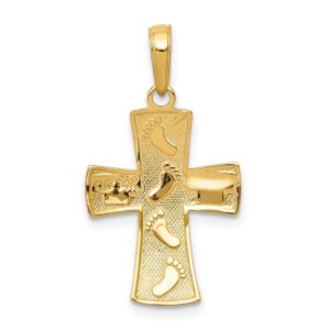 Diamond2Deal 14K Yellow Gold And White Rhodium Plated Footprints Religious Crucifix Cross Pendant