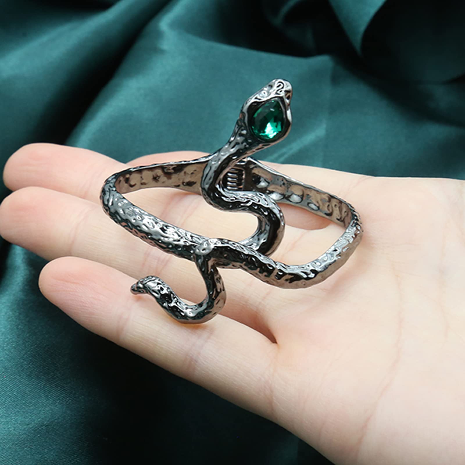 Cualque Snake Cuff Bracelet Vintage Punk Open Arm Cuff Bracelet Gothic Silver Serpent Animal Warp with Green Eyes Snake Jewelry for Women