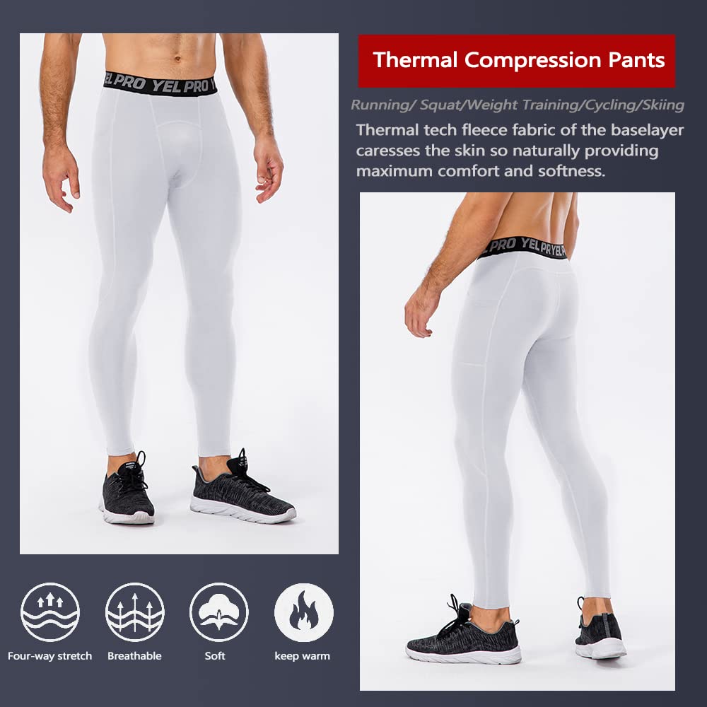 CARGFM Men's Thermal Compression Pants with Pocket Warm Winter Base Layer Running Tight Workout Leggings Underwear