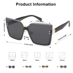 SOJOS Trendy Square Oversized Sunglasses Womens Big Rimless UV400 Ladies Shades SJ1160, All Black Lens/Black Temples