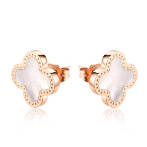 four leaf clover earrings for women 18k rose gold plated stainless steel lucky 4 leaf ear studs jewelry gift for mother and daughter (white & rose gold)