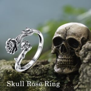 TYSO Skull Rings For Women 925 Sterling Silver Gothic Rings Open Wrap Rose Flower Goth Punk Ring