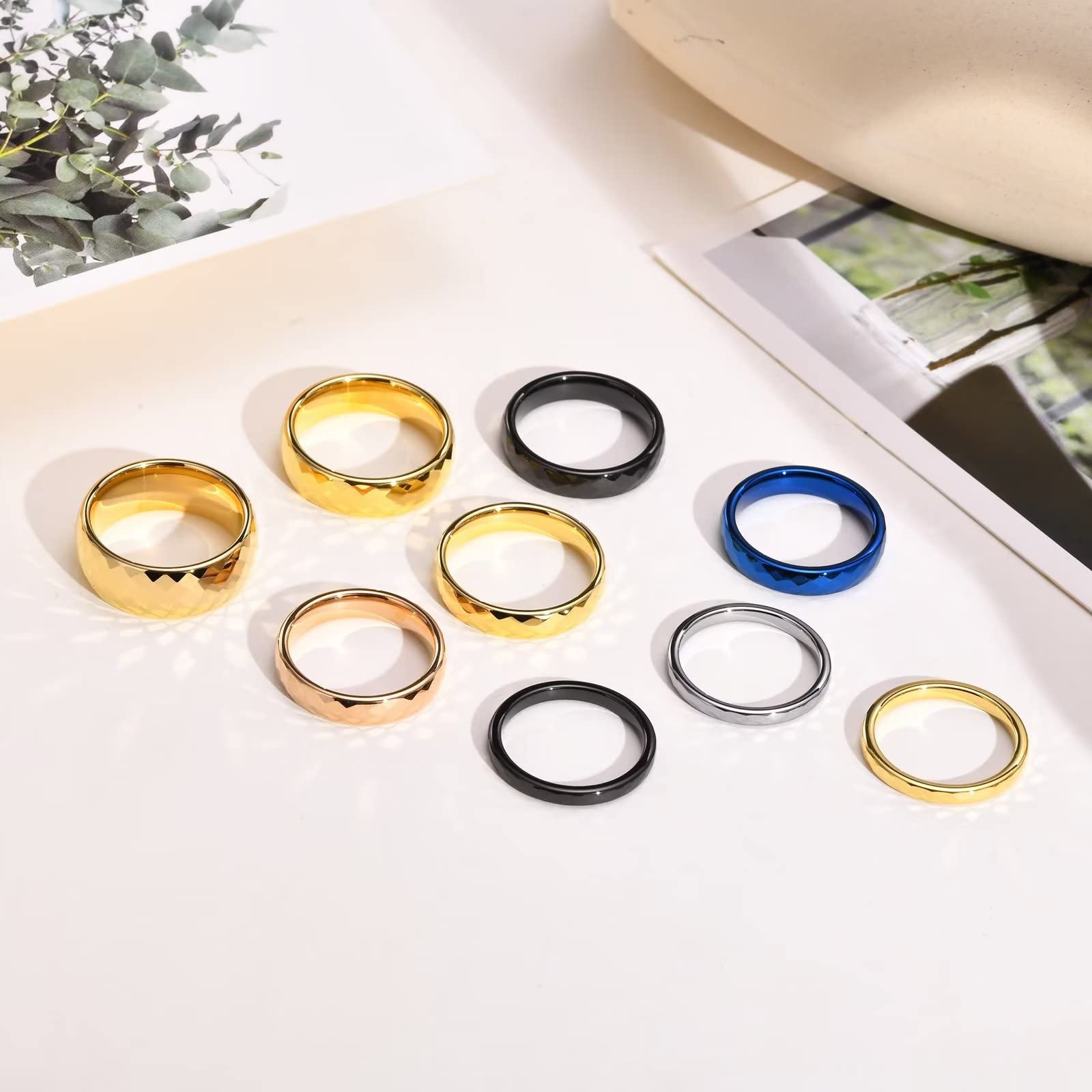 Minimalist Filled Rings Stacking Rings Tungsten Steel Multi-Faceted Wedding Band High Polish Plain Rings Plain Statement Band for Women Girls (Width and Color Optional)