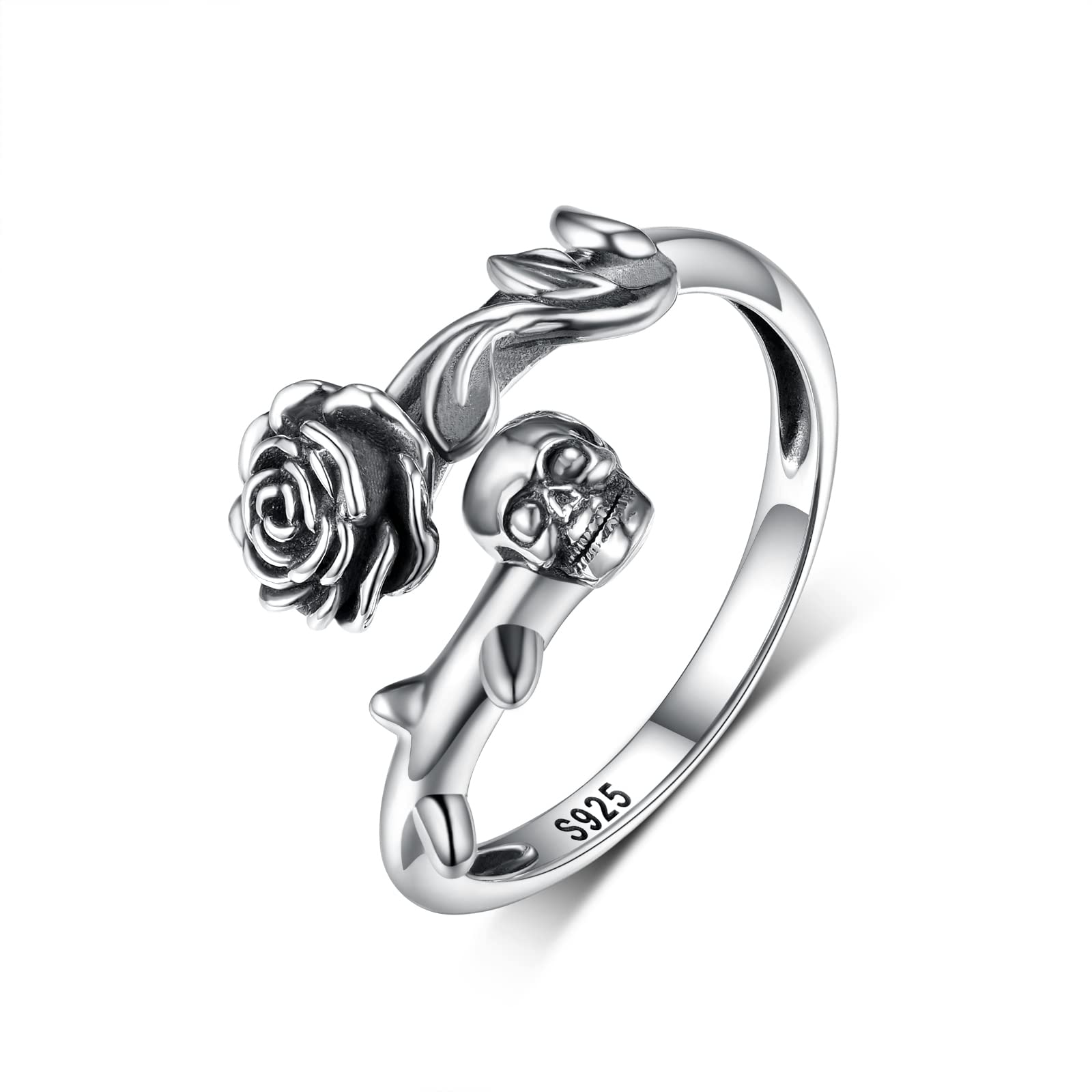 TYSO Skull Rings For Women 925 Sterling Silver Gothic Rings Open Wrap Rose Flower Goth Punk Ring