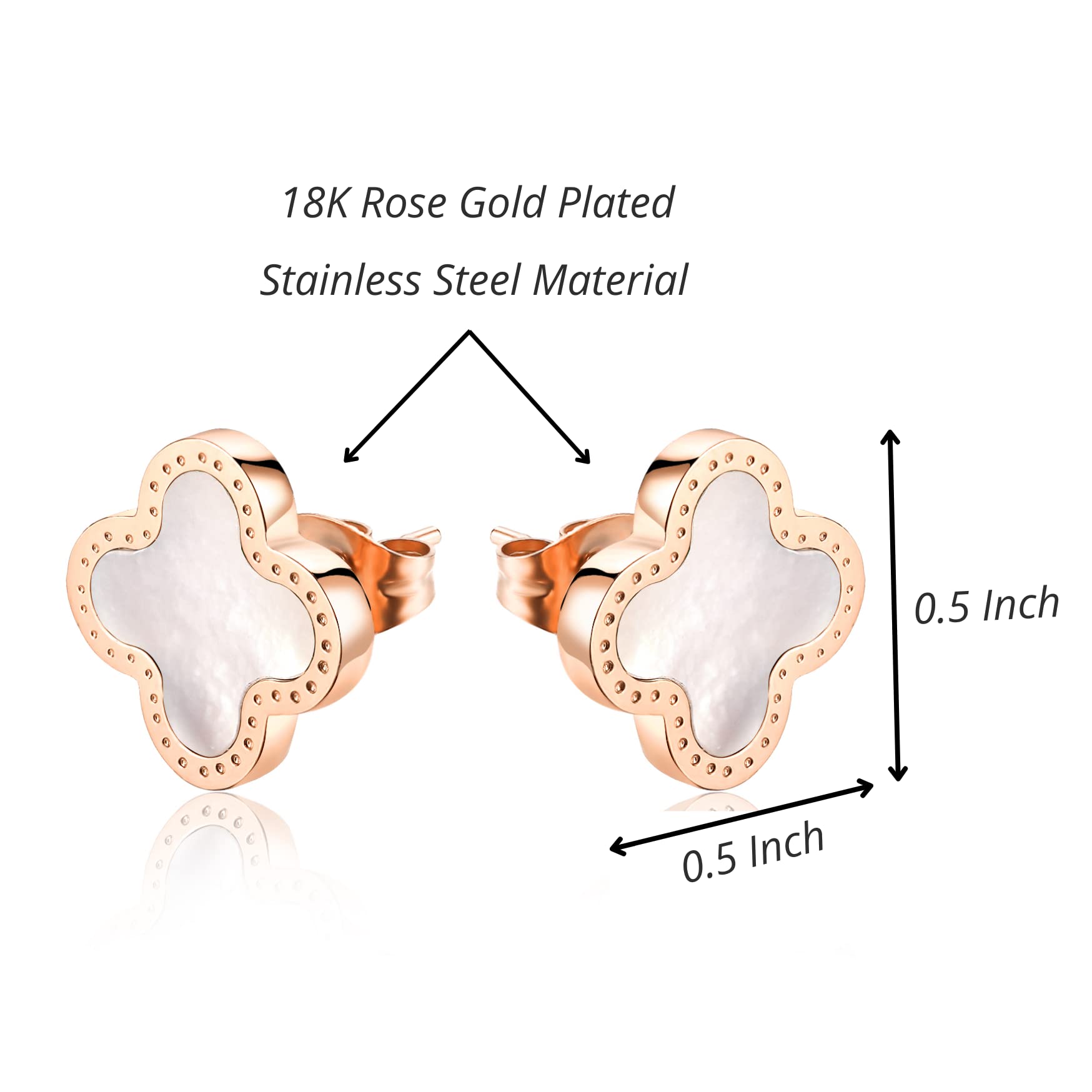 Four Leaf Clover Earrings for Women 18K Rose Gold Plated Stainless Steel Lucky 4 Leaf Ear Studs Jewelry Gift for Mother and Daughter (White & Rose Gold)