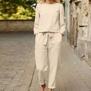 HGps8w Women's Cotton Linen Two Piece Outfits Summer Loose 3/4 Sleeve Oversized Top and Cropped Pants Set Casual Tracksuit