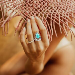 DALEGEM Crescent Moon Turquoise Stone Ring for Women,S925 Sterling Silver Waterdrop Shaped Gemstone Boho Statement Ring Jewelry (Ring_A, 5)