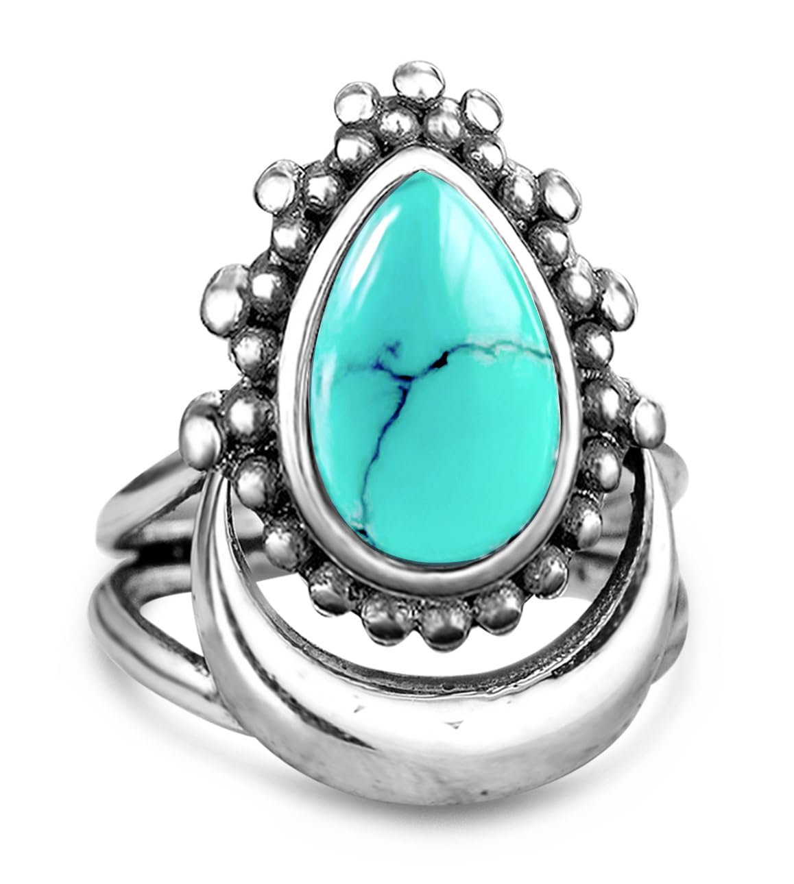 DALEGEM Crescent Moon Turquoise Stone Ring for Women,S925 Sterling Silver Waterdrop Shaped Gemstone Boho Statement Ring Jewelry (Ring_A, 5)