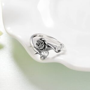 TYSO Skull Rings For Women 925 Sterling Silver Gothic Rings Open Wrap Rose Flower Goth Punk Ring