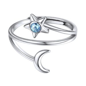 chicsilver 925 sterling silver open adjustable ring dainty star and moon ring march birthstone stackable knuckle rings created aquamarine jewelry for women