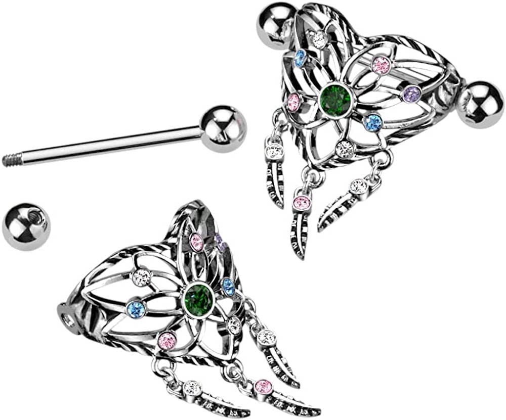 Covet Jewelry Heart Dream Catcher Shield Nipple Ring With Multi Color CZ & Surgical Steel Barbell