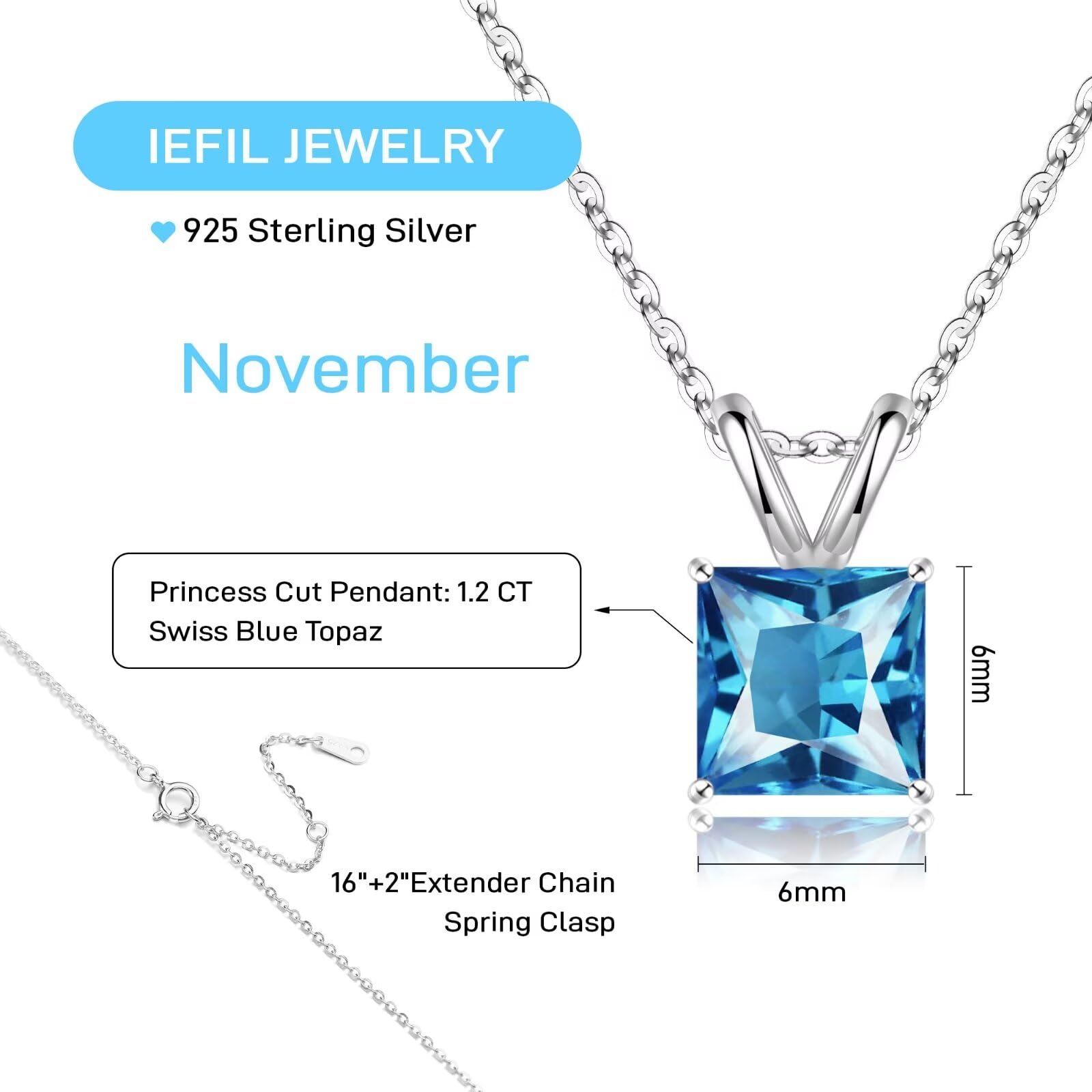 Iefil November Birthstone Necklaces for Women - Swiss Blue Topaz Necklace S925 Sterling Silver November Birthstone Jewelry for Women Mom Daughter November Birthday Gifts, Princess Cut Birthstone