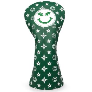 stars and smiles golf driver headcover, green leather golf club covers for driver,460cc golf driver cover head cover fits for all brand