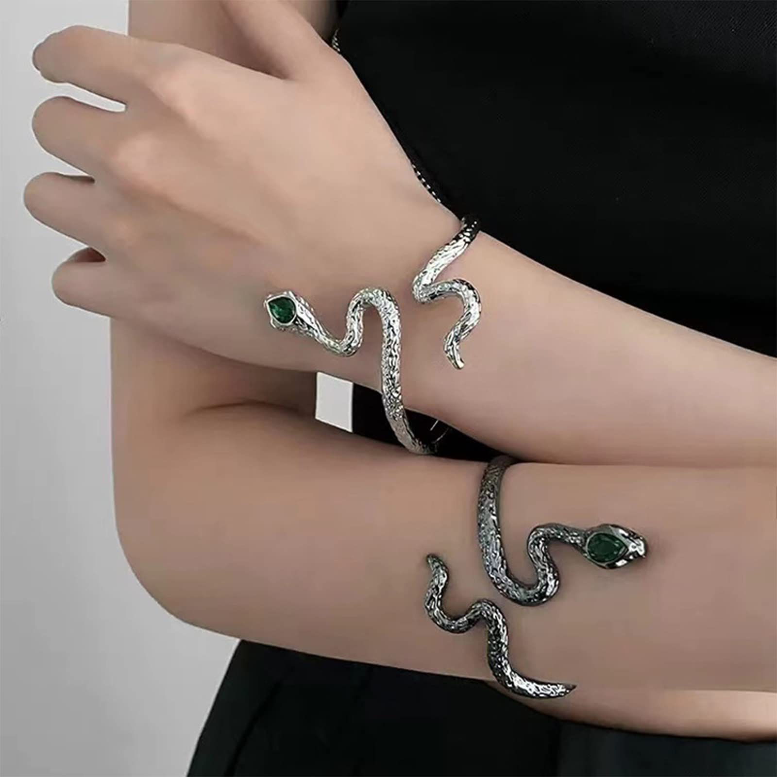 Cualque Snake Cuff Bracelet Vintage Punk Open Arm Cuff Bracelet Gothic Silver Serpent Animal Warp with Green Eyes Snake Jewelry for Women