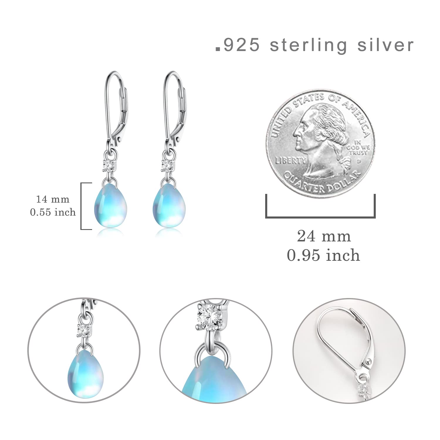 Moonstone Leverback Earrings 925 Sterling Silver Moonstone Earrings for Women Hypoallergenic Moonstone Jewelry Gifts Birthday Gifts