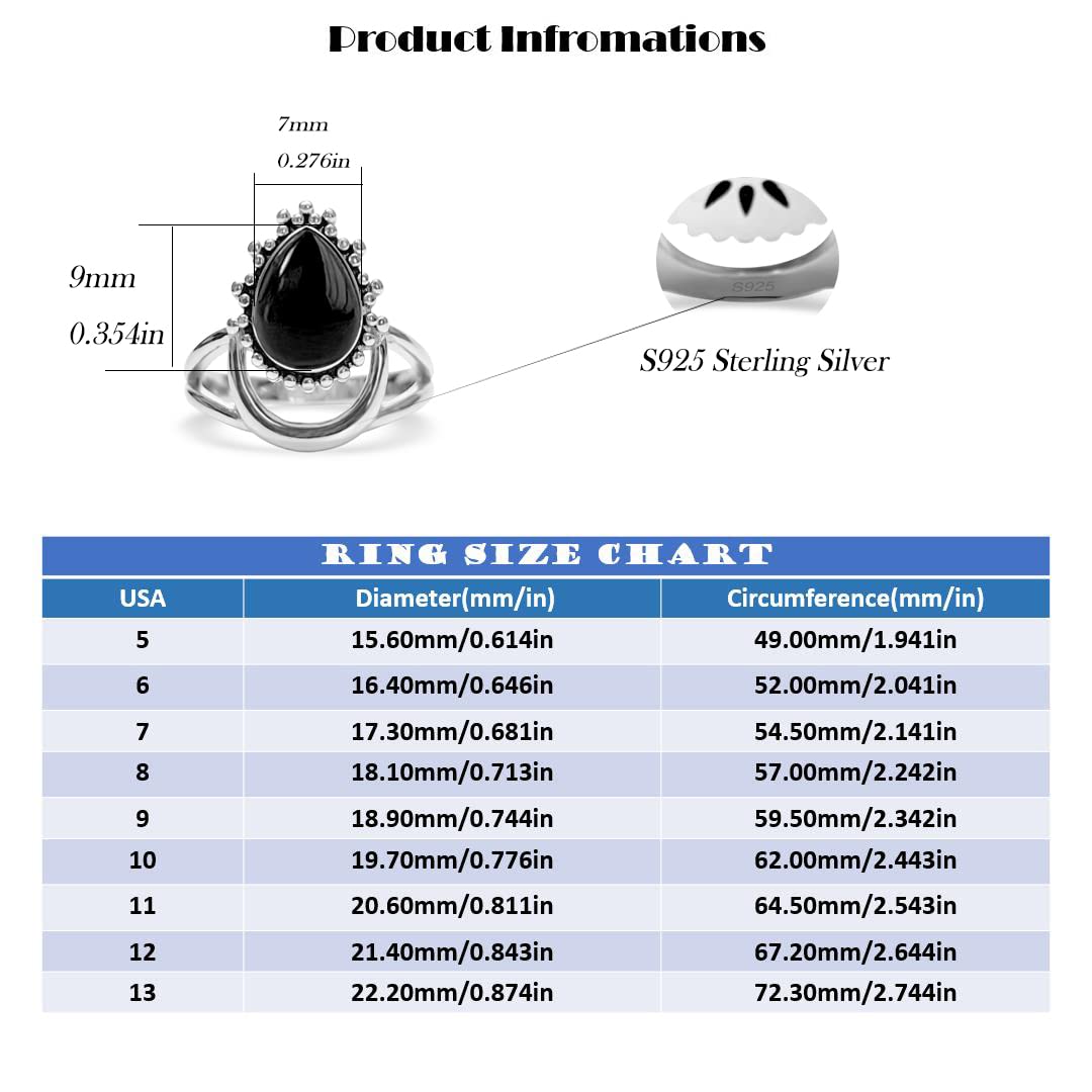 DALEGEM Natural Black Onyx Agate Stone Quartz Crystal Ring for Women,S925 Sterling Silver Waterdrop Shaped Gemstone Crescent Moon Boho Statement Ring Jewelry (Ring_Black, 10)