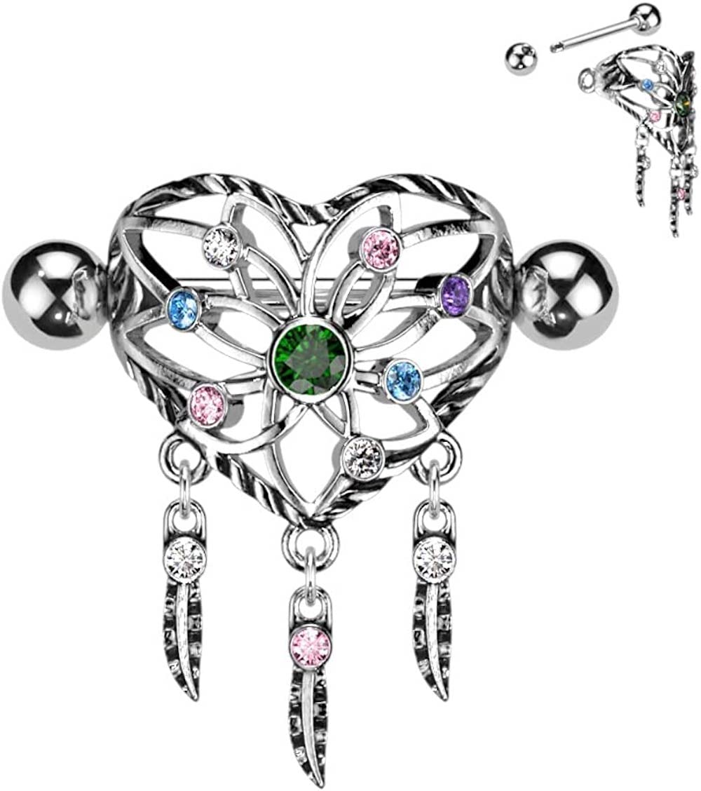 Covet Jewelry Heart Dream Catcher Shield Nipple Ring With Multi Color CZ & Surgical Steel Barbell