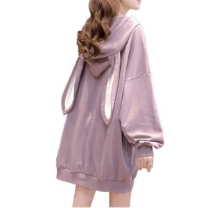 Women Kawaii Bunny Ear Hoodie Rabbit Aesthetic Cute Oversized Japanese Hooded Sweatshirt Long Sleeve Top Fall Winter (Purple,XL,X-Large)