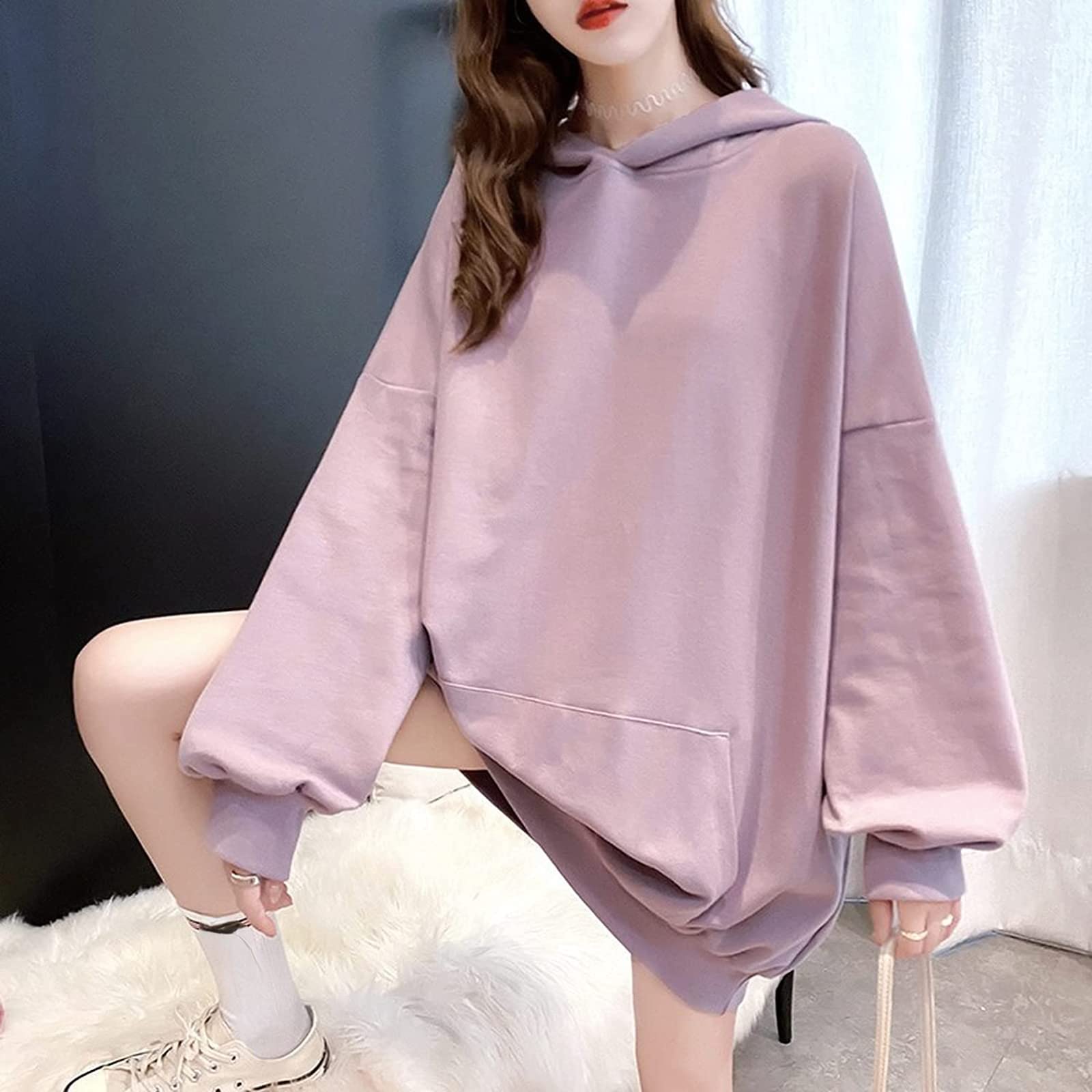 Women Kawaii Bunny Ear Hoodie Rabbit Aesthetic Cute Oversized Japanese Hooded Sweatshirt Long Sleeve Top Fall Winter (Purple,XL,X-Large)