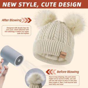 Beanies Women with Double Pom Pom, Winter Hats for Women Cold Weather Warm Cable Knit Fleece Lined, Cute Beanie Cap for Daily Use(Black)