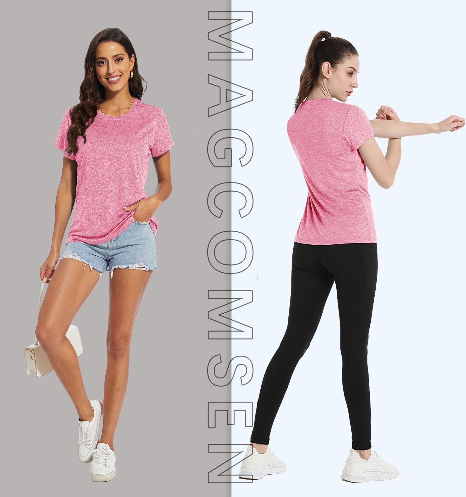 MAGCOMSEN Womens Running Shirts Short Sleeve Fitness Workout Athletic T-Shirt Hiking Shirts Dry Fit Jogging Shirts Pink Large