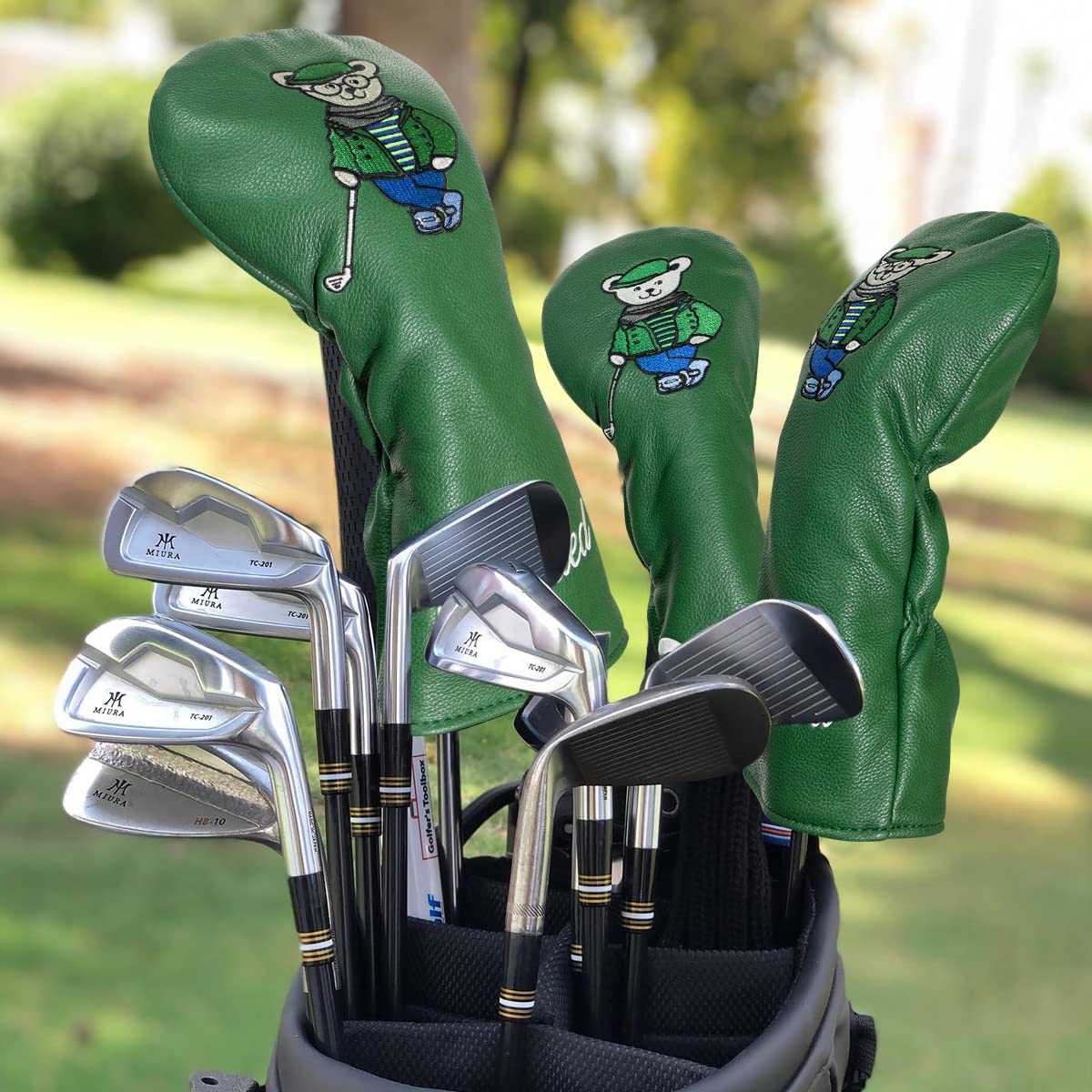 Lovely Bear Golf Driver Cover Fairway Wood Cover, Hybrid Covers Headcovers Set, Green Leather Golf Club Covers for Driver and Woods for Men/Women Golfer