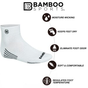 Premium Bamboo Crew Work Socks- Quarter High Moisture Wicking, Odor Eliminating White Quarter Crew Socks for Men Size 9-12 - 3 Pair