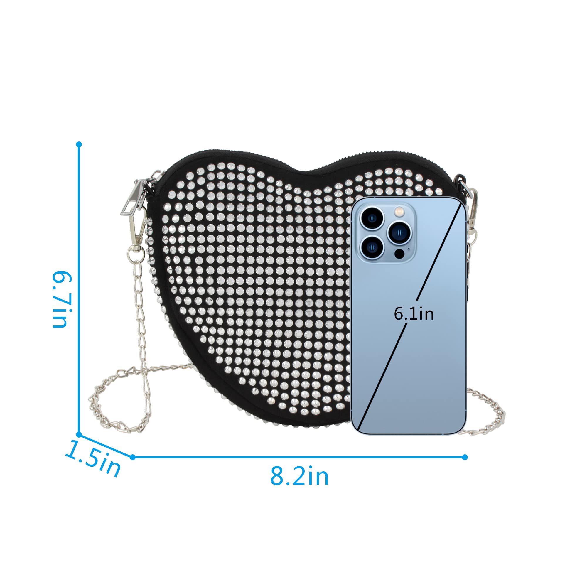 Women's Small Rivets Cross Body Heart Shape Satchel Purse Handbag Fashion Shoulder Chain Bag, Black