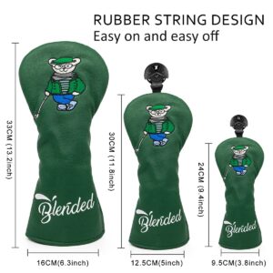 Lovely Bear Golf Driver Cover Fairway Wood Cover, Hybrid Covers Headcovers Set, Green Leather Golf Club Covers for Driver and Woods for Men/Women Golfer