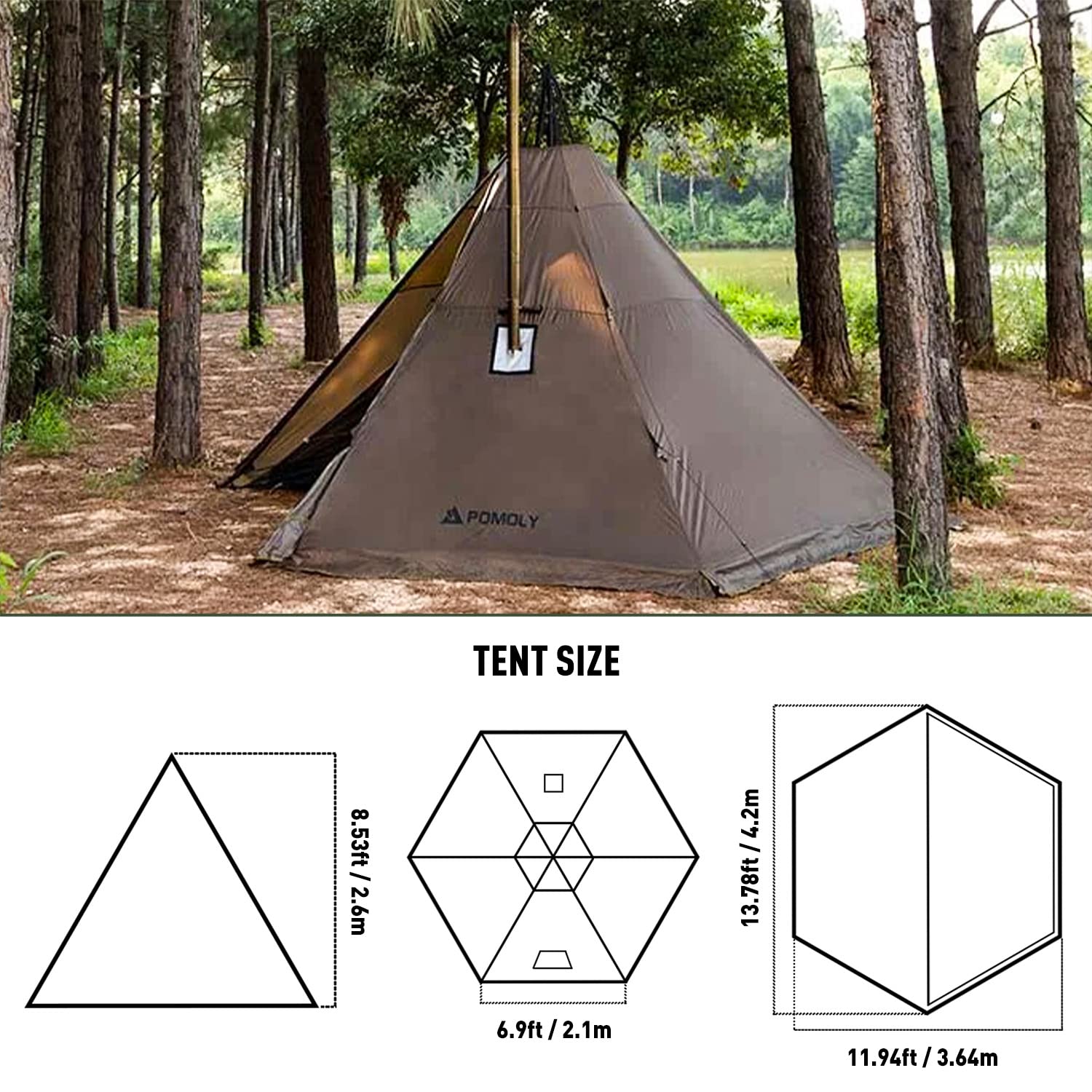 Camping Hot Tent Tipi Tent, POMOLY Hussar Plus 2.0 Stove Tent with Stove Jack and Half Inner Tent for 2-3 Person Hiking, Backpacking