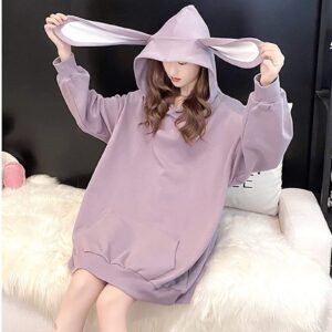 Women Kawaii Bunny Ear Hoodie Rabbit Aesthetic Cute Oversized Japanese Hooded Sweatshirt Long Sleeve Top Fall Winter (Purple,XL,X-Large)