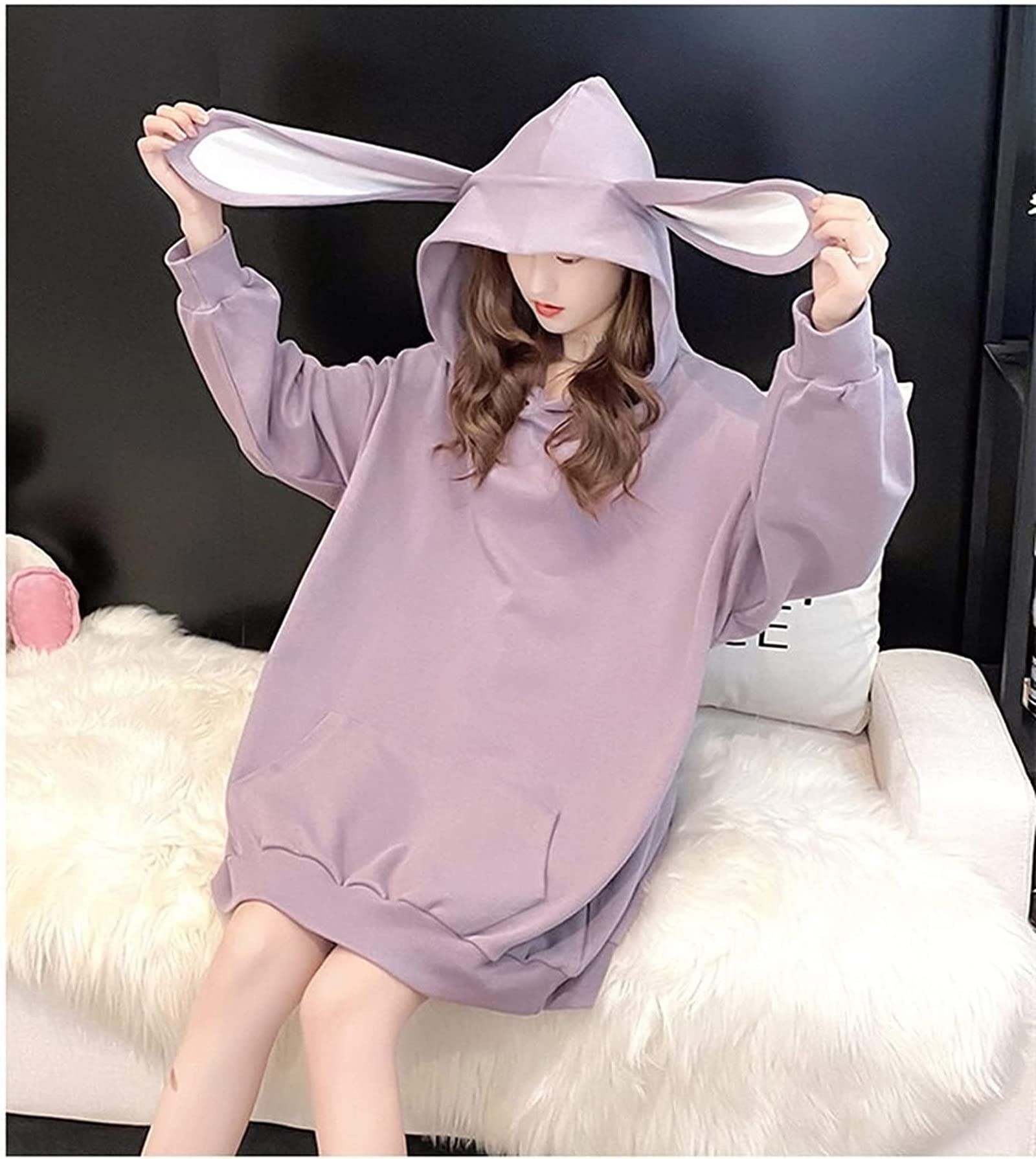 Women Kawaii Bunny Ear Hoodie Rabbit Aesthetic Cute Oversized Japanese Hooded Sweatshirt Long Sleeve Top Fall Winter (Purple,XL,X-Large)