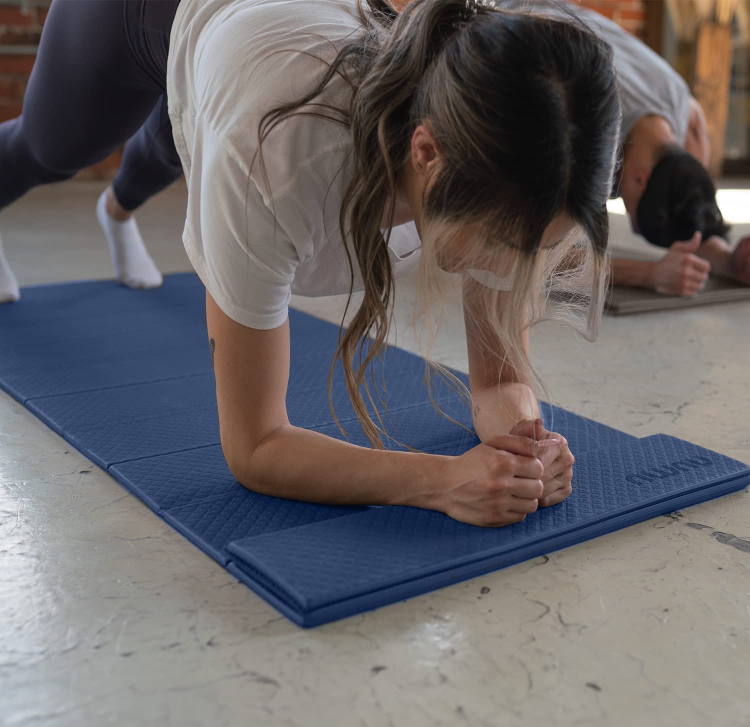 Numu Foldable Yoga Mat with Yoga Carrying Strap - Nonslip, Lightweight, and Portable 1/4” Inch Thick Workout Exercise Mat - Perfect for Easy Storage and Travel (Blue)