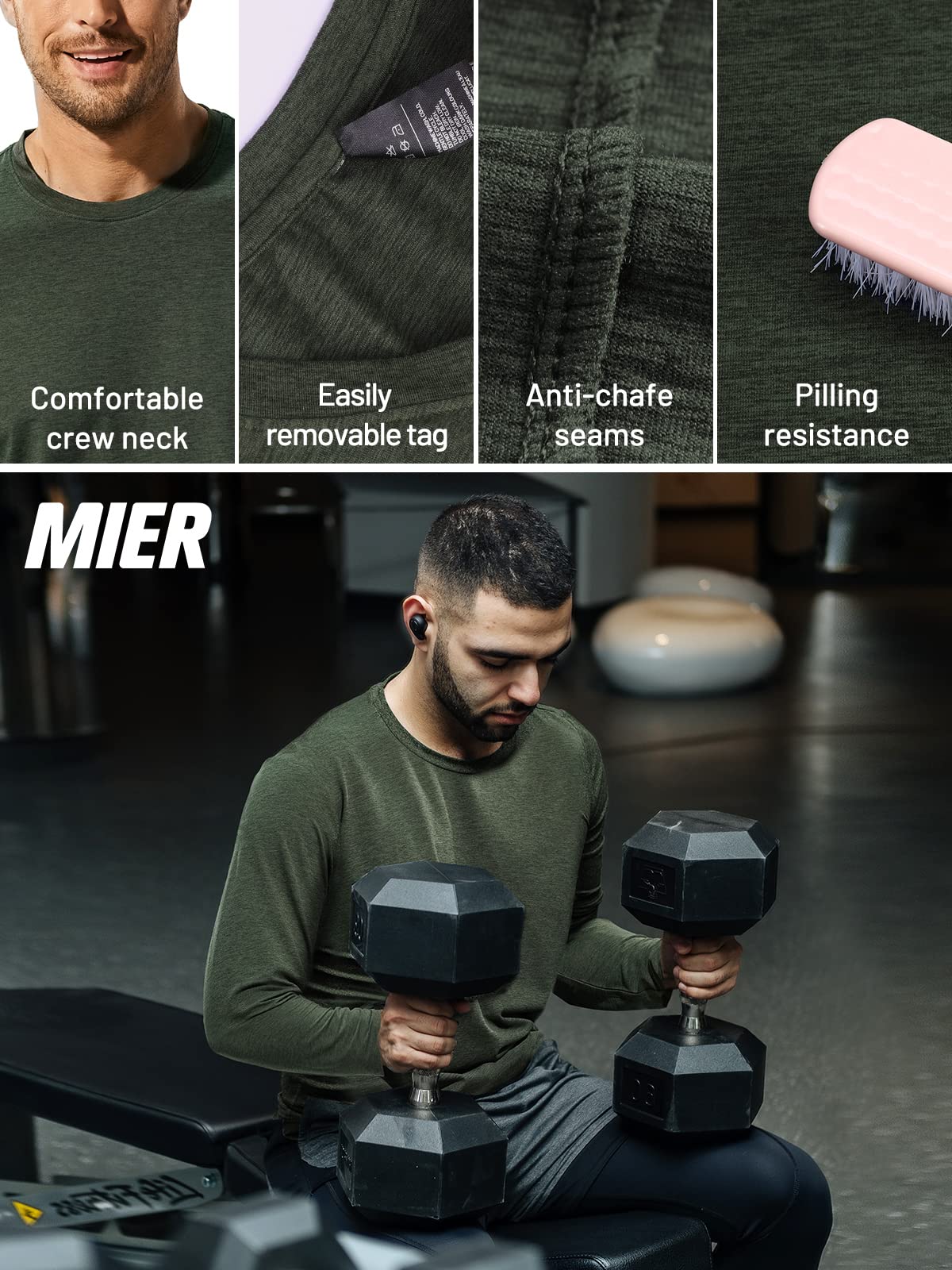 MIER X-Sofort Men's Long Sleeve Tee Shirts for Workout, Running, Gym, Athletic Buttery Soft Crew Neck Lightweight Dry Fit T-Shirts, Dark Green Heather, M