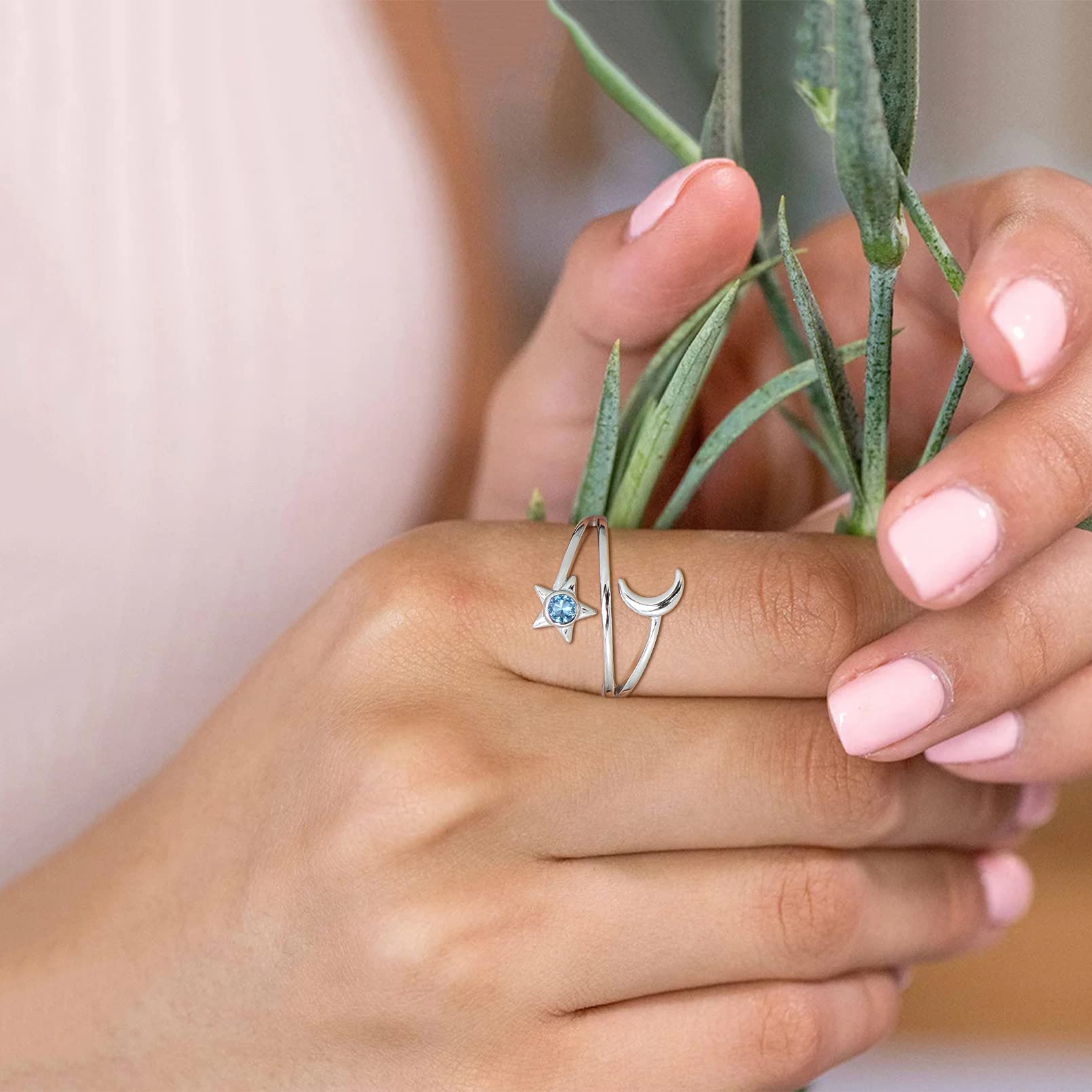 ChicSilver 925 Sterling Silver Open Adjustable Ring Dainty Star and Moon Ring March Birthstone Stackable Knuckle Rings Created Aquamarine Jewelry for Women