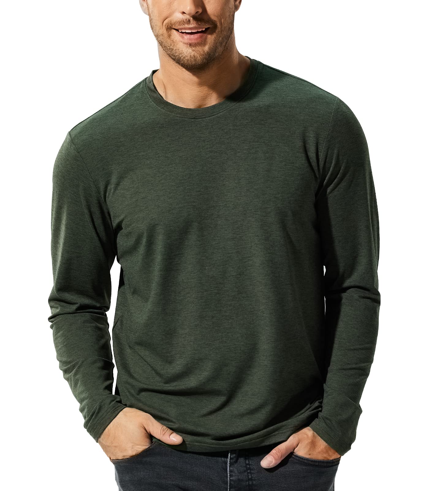 MIER X-Sofort Men's Long Sleeve Tee Shirts for Workout, Running, Gym, Athletic Buttery Soft Crew Neck Lightweight Dry Fit T-Shirts, Dark Green Heather, M