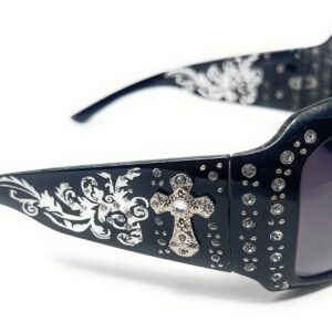 Texas West Womens Sunglasses With Rhinestone Bling UV 400 PC Lens Horse/Concho/Cross/Pistol/Butterfly/Star (Flora Cross Black)