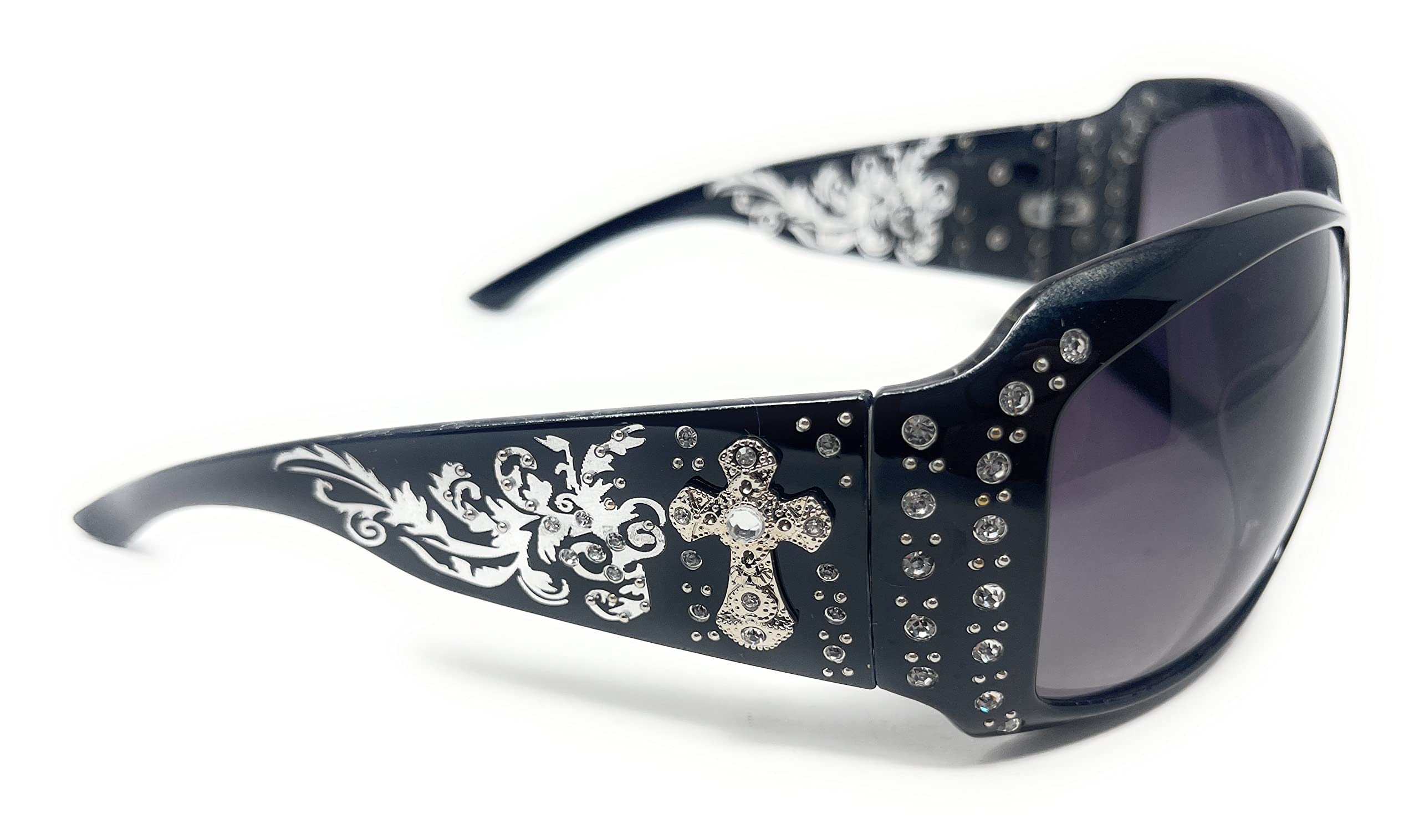 Texas West Womens Sunglasses With Rhinestone Bling UV 400 PC Lens Horse/Concho/Cross/Pistol/Butterfly/Star (Flora Cross Black)