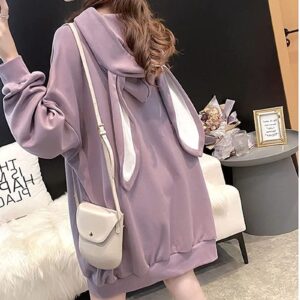 Women Kawaii Bunny Ear Hoodie Rabbit Aesthetic Cute Oversized Japanese Hooded Sweatshirt Long Sleeve Top Fall Winter (Purple,XL,X-Large)