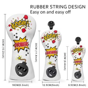 Funny Bomb Golf Driver Cover Fairway Wood Cover, Hybrid Covers Headcovers Set, White Leather Golf Club Covers for Driver and Woods for Men/Women Golfer