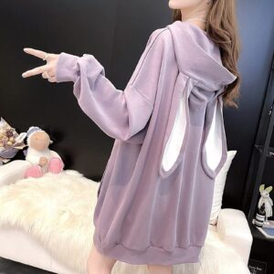 Women Kawaii Bunny Ear Hoodie Rabbit Aesthetic Cute Oversized Japanese Hooded Sweatshirt Long Sleeve Top Fall Winter (Purple,XL,X-Large)