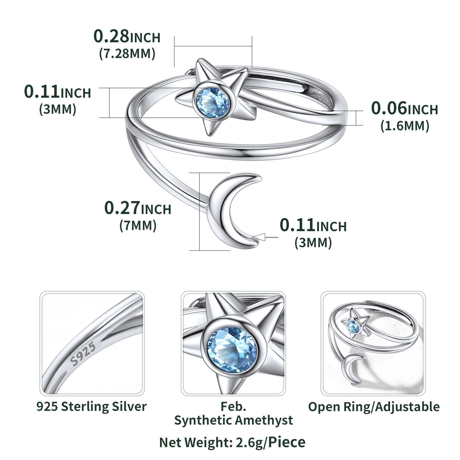 ChicSilver 925 Sterling Silver Open Adjustable Ring Dainty Star and Moon Ring March Birthstone Stackable Knuckle Rings Created Aquamarine Jewelry for Women