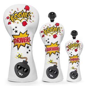 Funny Bomb Golf Driver Cover Fairway Wood Cover, Hybrid Covers Headcovers Set, White Leather Golf Club Covers for Driver and Woods for Men/Women Golfer